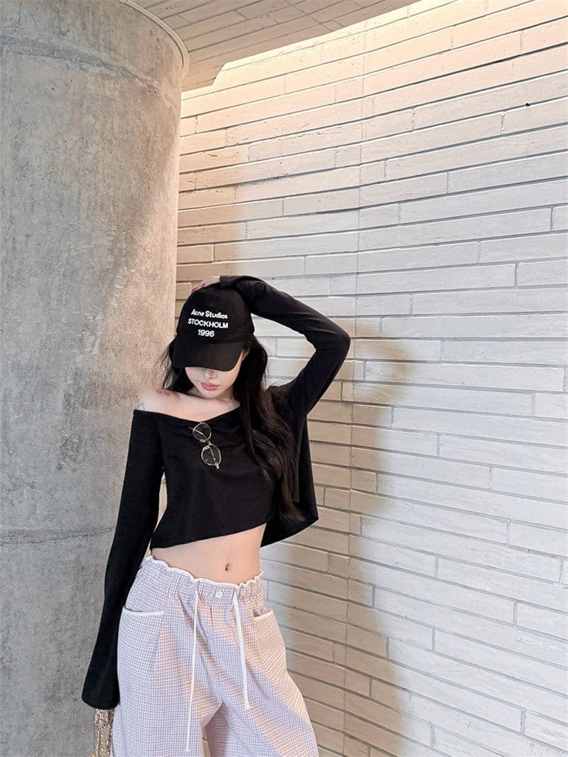 원본 사람들 면 260 그램 산소 센스 티셔츠 불규칙 오프숄더 핫걸 쇼트 스타일 도루 센스 긴팔 맨위 상세 이미지 9