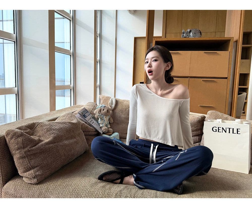 원본 사람들 면 260 그램 산소 센스 티셔츠 불규칙 오프숄더 핫걸 쇼트 스타일 도루 센스 긴팔 맨위 상세 이미지 23