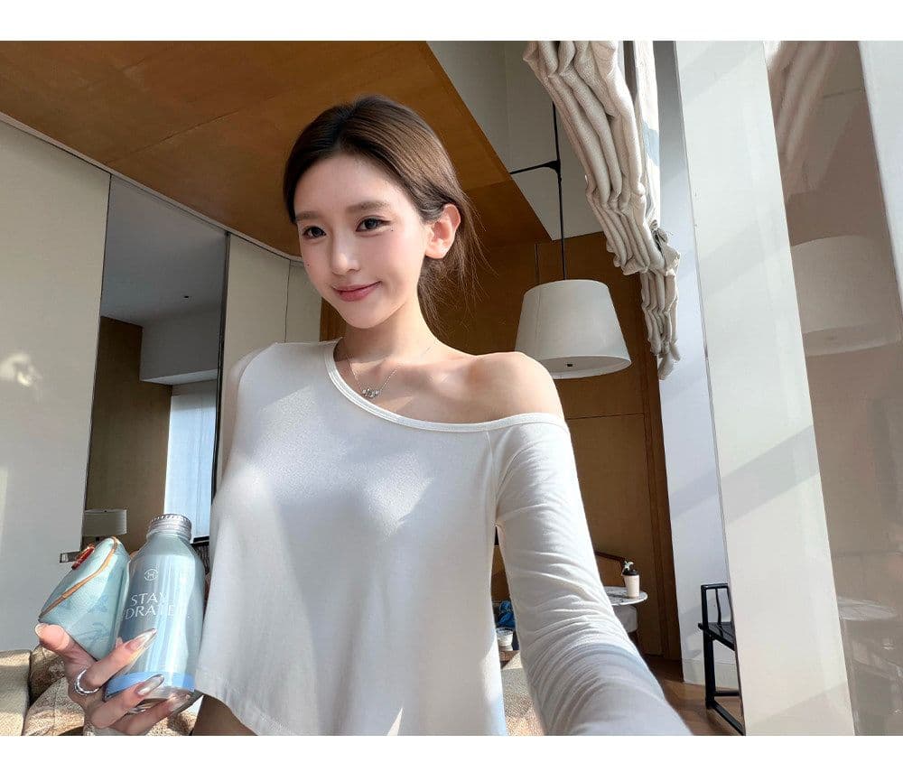 원본 사람들 면 260 그램 산소 센스 티셔츠 불규칙 오프숄더 핫걸 쇼트 스타일 도루 센스 긴팔 맨위 상세 이미지 30