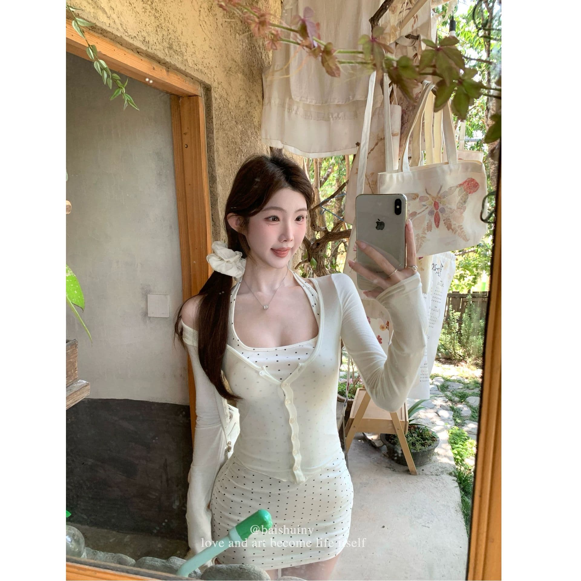 얇은 스타일 긴팔 오픈 가디건 여성 코트 가을 인사이드 가져 가라. 도트 무늬 행침 목 드레스 투피스 세트