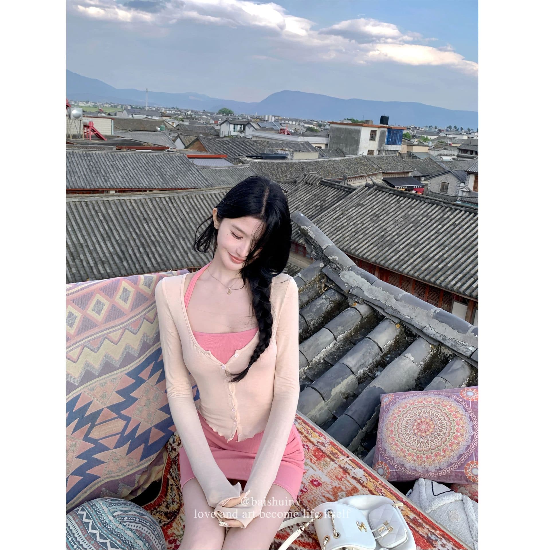 얇은 스타일 긴팔 오픈 가디건 여성 코트 가을 인사이드 가져 가라. 도트 무늬 행침 목 드레스 투피스 세트 이미지 2