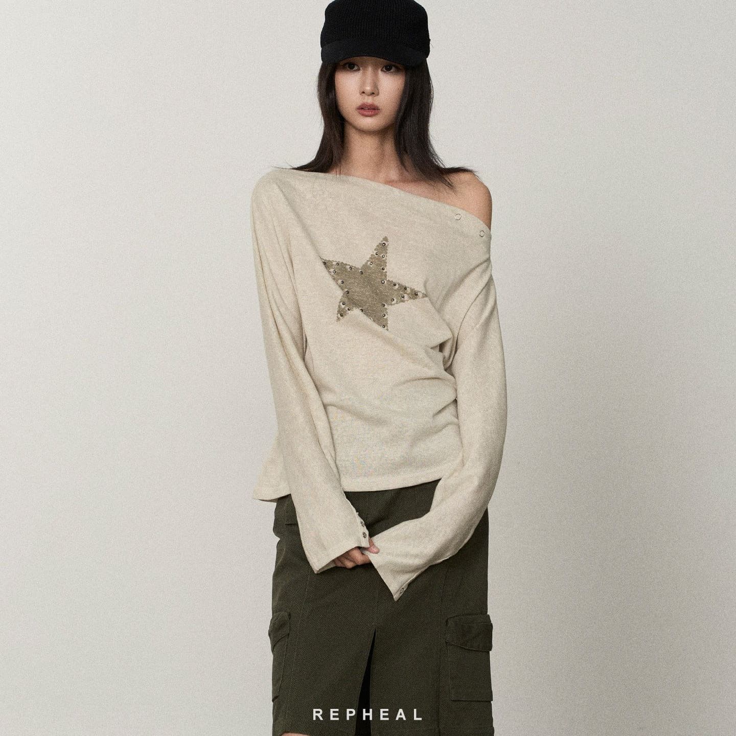게으른 면 아메리칸 레트로 오각형 별 프린트 징 긴팔 오프숄더 만나는 티셔츠 여성 조기 가을 몸매 가꾸기 맨위 이미지 5