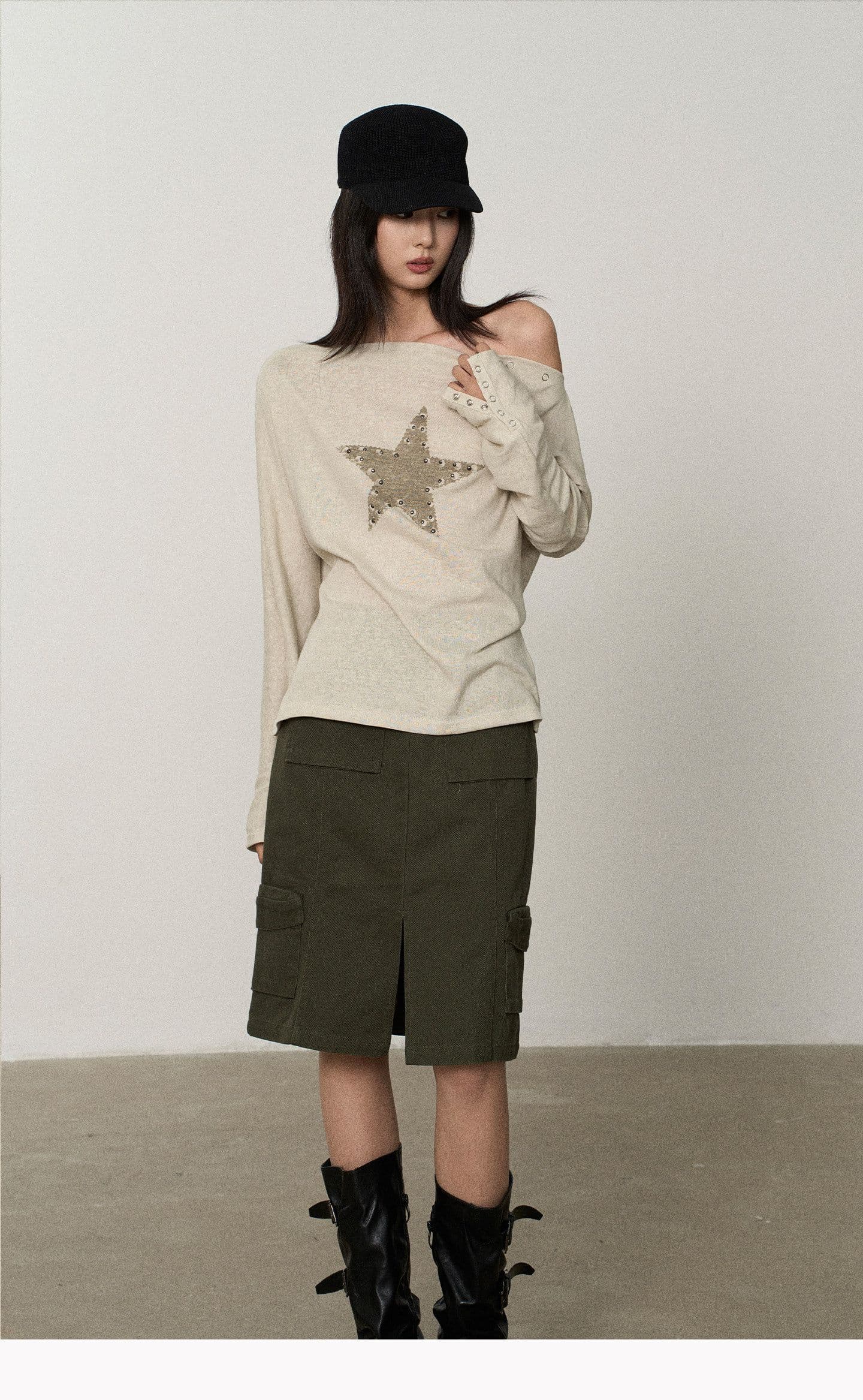 게으른 면 아메리칸 레트로 오각형 별 프린트 징 긴팔 오프숄더 만나는 티셔츠 여성 조기 가을 몸매 가꾸기 맨위 상세 이미지 3