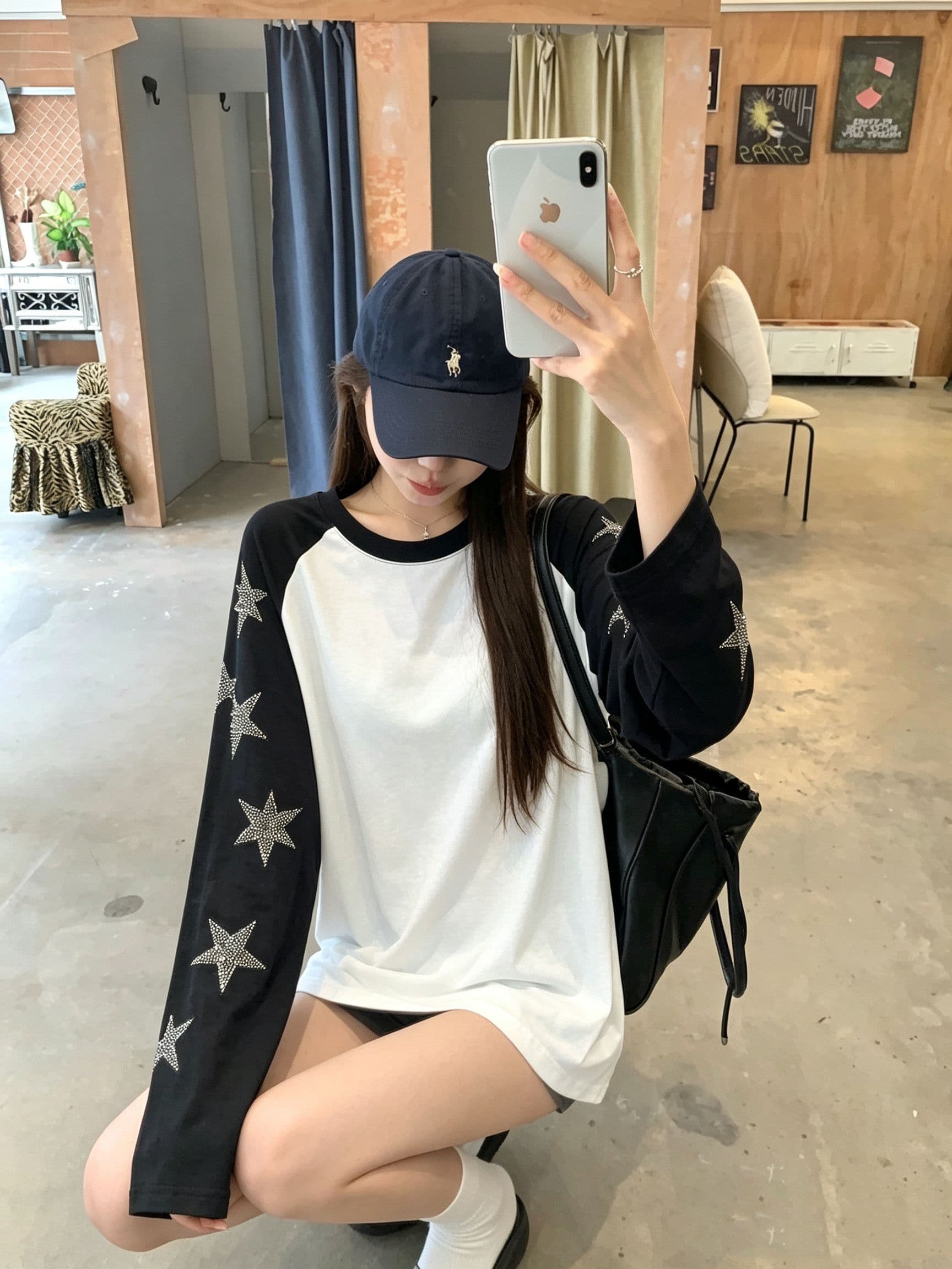 좋은 면 배색 패치워크 별 핫픽스 라운드 넥 긴팔 티셔츠 여성 가을 슬림해 보이는 느긋한 캐주얼 중간 길이 맨위 이미지 3