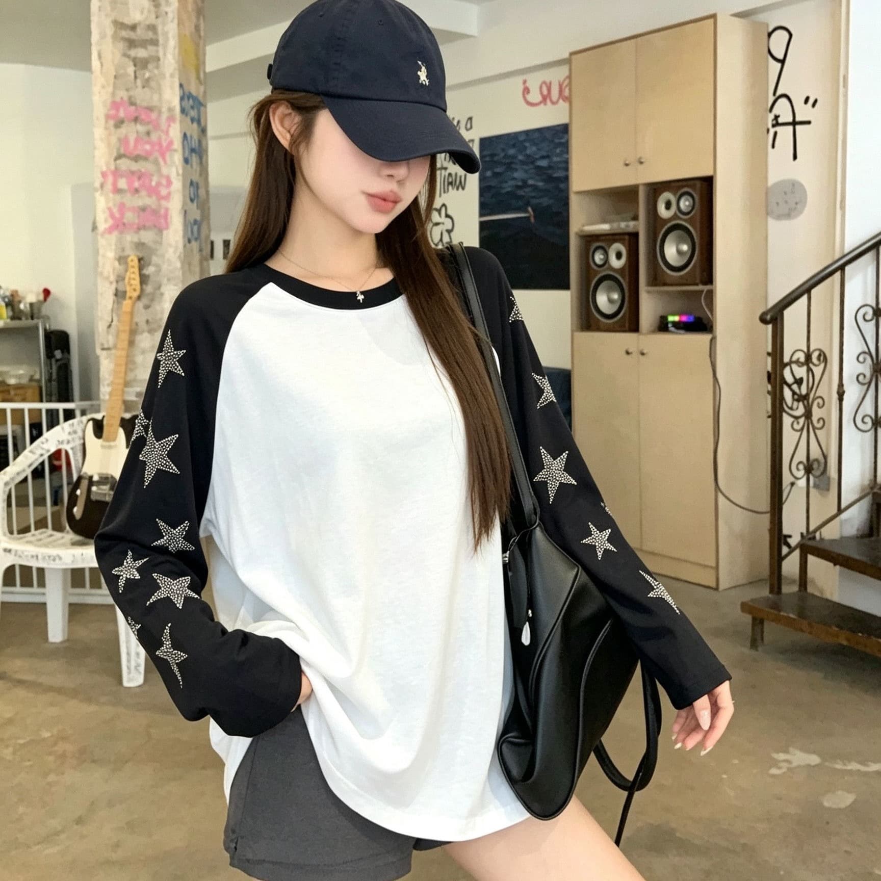 좋은 면 배색 패치워크 별 핫픽스 라운드 넥 긴팔 티셔츠 여성 가을 슬림해 보이는 느긋한 캐주얼 중간 길이 맨위 이미지 5