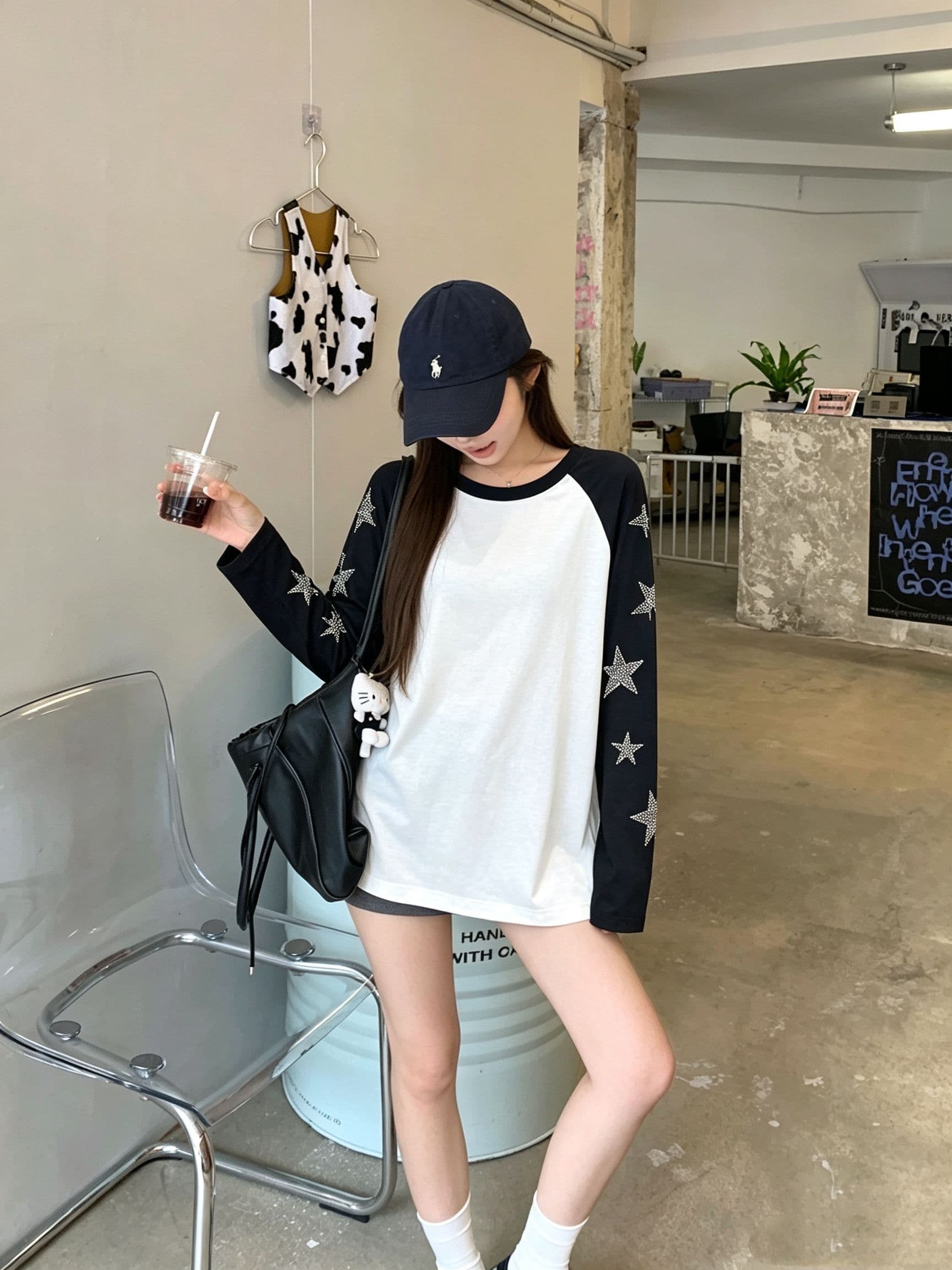 좋은 면 배색 패치워크 별 핫픽스 라운드 넥 긴팔 티셔츠 여성 가을 슬림해 보이는 느긋한 캐주얼 중간 길이 맨위 상세 이미지 6