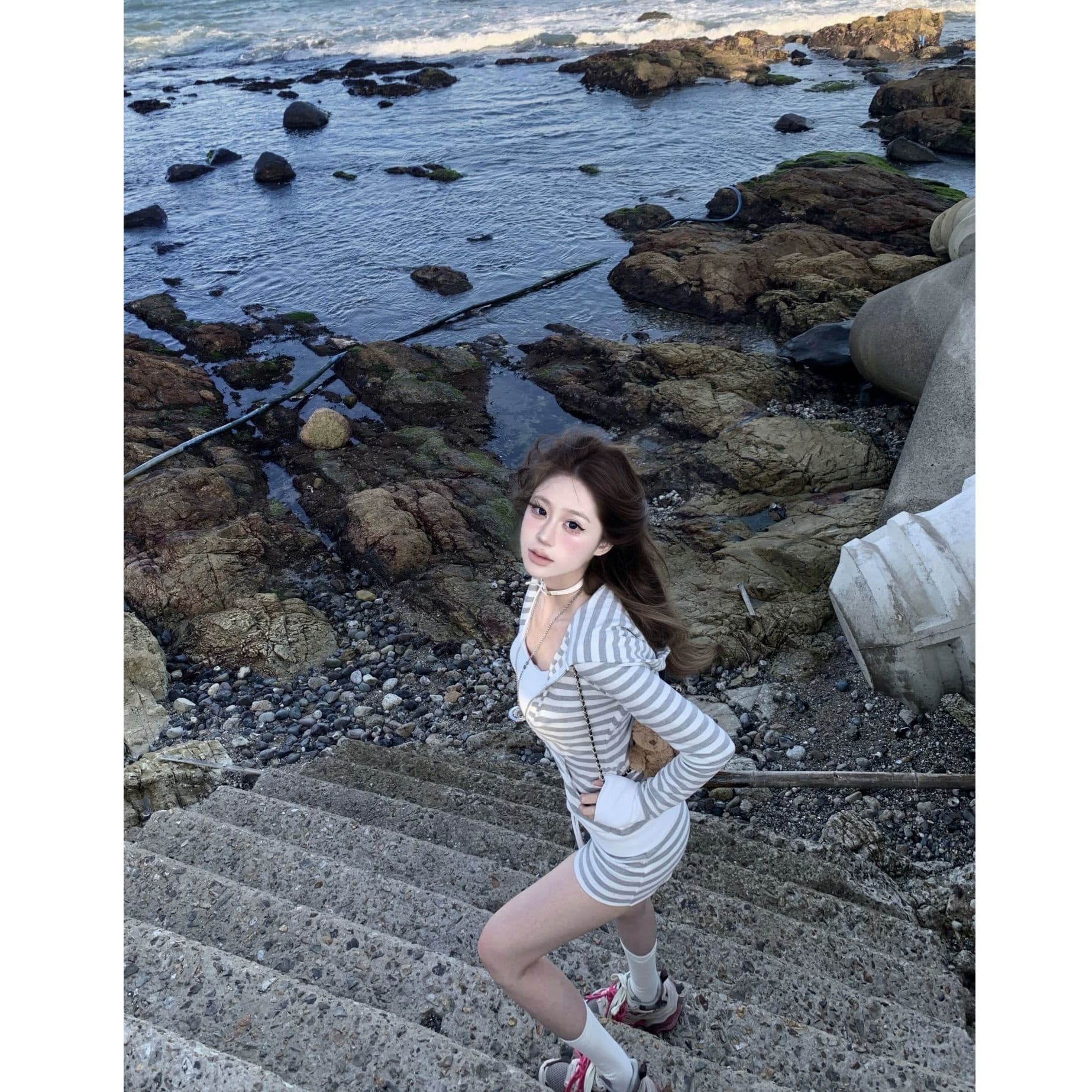 원본 것 한 부서 고급 센스 착용 가져 가라. 회색 스트라이프 재킷 경기 반바지 순수한 욕망 캐주얼 세트 여성 가을 이미지 4