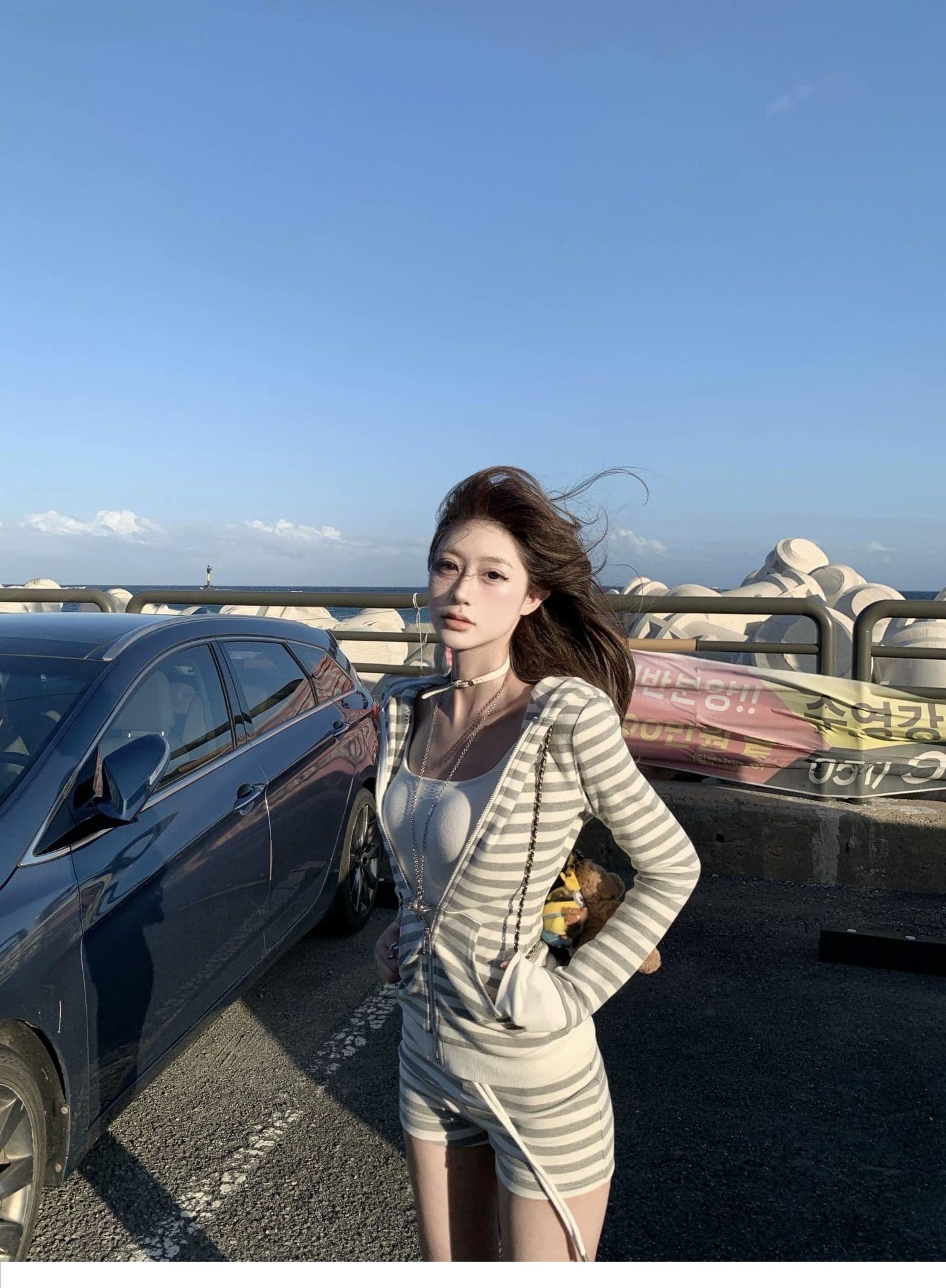 원본 것 한 부서 고급 센스 착용 가져 가라. 회색 스트라이프 재킷 경기 반바지 순수한 욕망 캐주얼 세트 여성 가을 상세 이미지 5