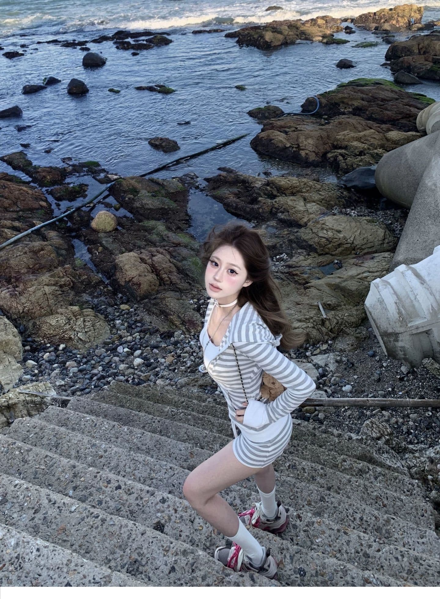 원본 것 한 부서 고급 센스 착용 가져 가라. 회색 스트라이프 재킷 경기 반바지 순수한 욕망 캐주얼 세트 여성 가을 상세 이미지 6