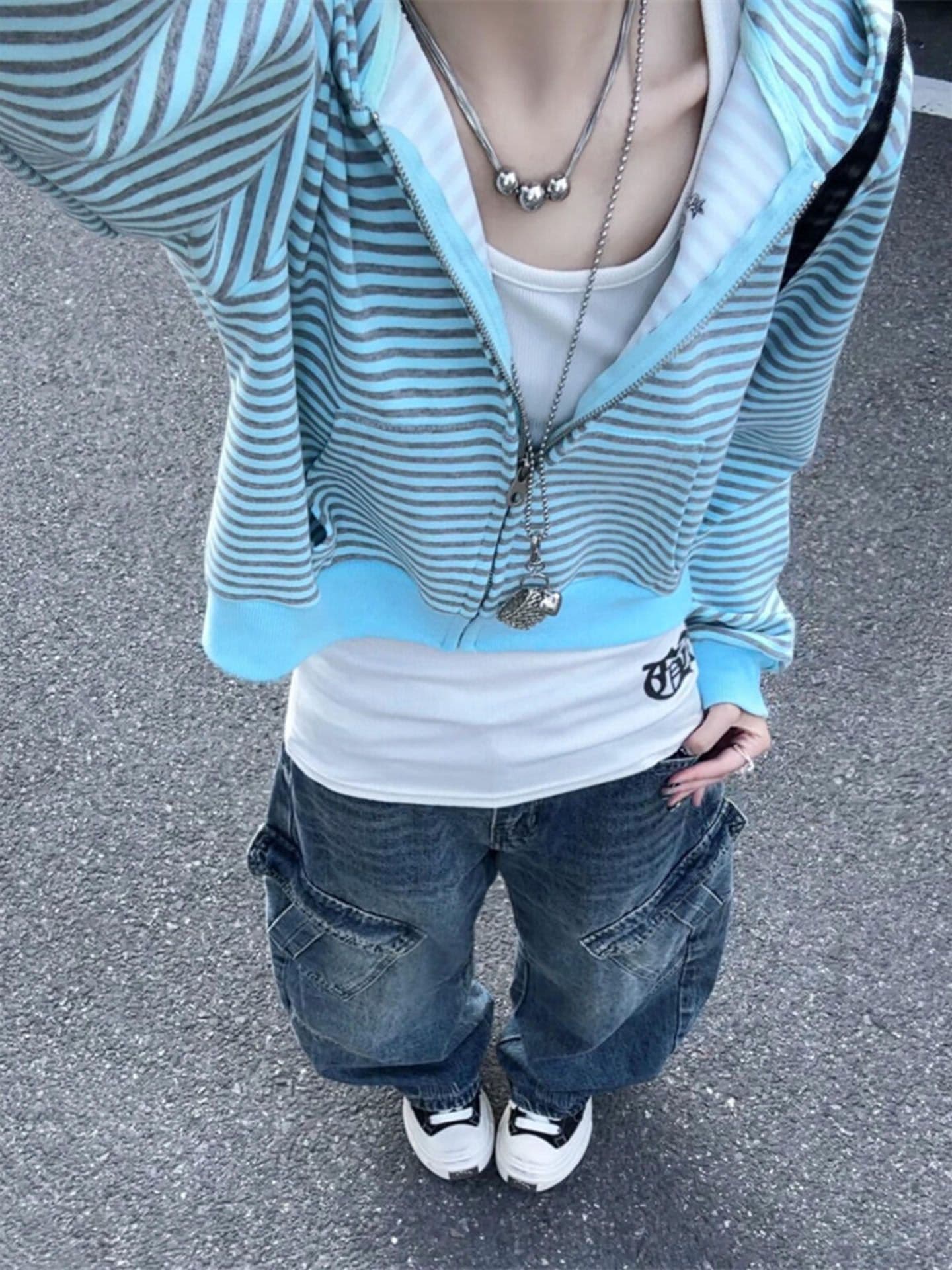 후아 면 복합 가을 루즈핏 재킷 한 부서 박하 블루 스트라이프 후드 지퍼 오픈 가디건 후드티 여성 상세 이미지 1