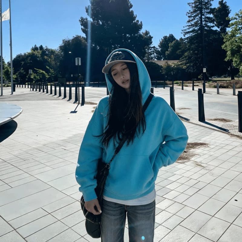 후아 면 복합 레이크 블루 색상 후드 티 스웨터 여성 가을 2026 느긋한 바람 느슨함 센스 긴팔 맨위 이미지 5