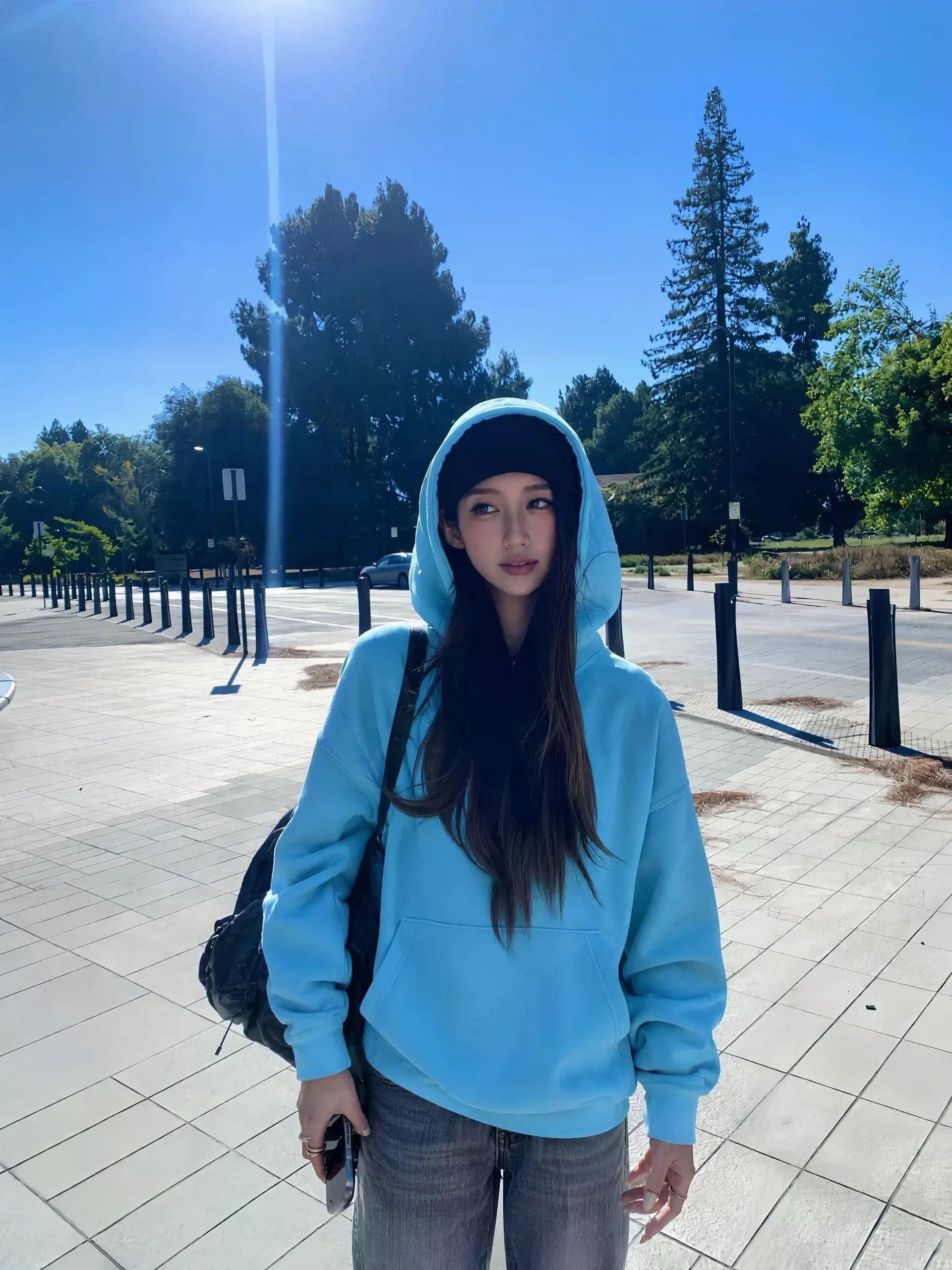 후아 면 복합 레이크 블루 색상 후드 티 스웨터 여성 가을 2026 느긋한 바람 느슨함 센스 긴팔 맨위 상세 이미지 1