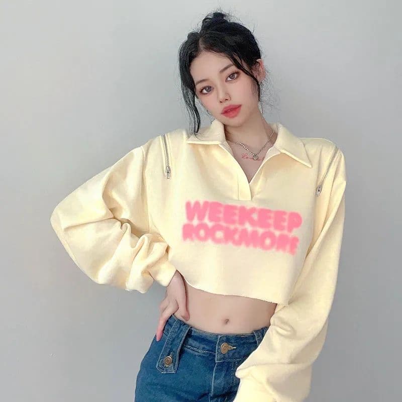 유럽과 미국 알파벳 프린트 루즈핏 후드티 여성 지퍼 오프숄더 슬림해 보이는 무용 핫걸 쇼트 스타일 맨위