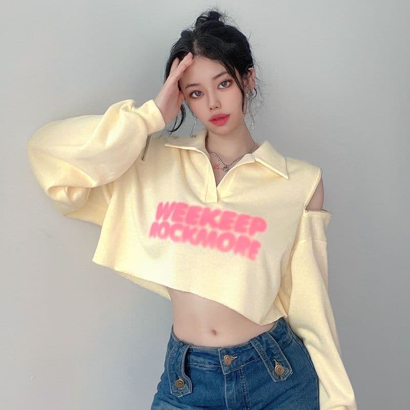 유럽과 미국 알파벳 프린트 루즈핏 후드티 여성 지퍼 오프숄더 슬림해 보이는 무용 핫걸 쇼트 스타일 맨위 이미지 2