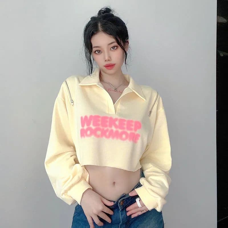 유럽과 미국 알파벳 프린트 루즈핏 후드티 여성 지퍼 오프숄더 슬림해 보이는 무용 핫걸 쇼트 스타일 맨위 이미지 4