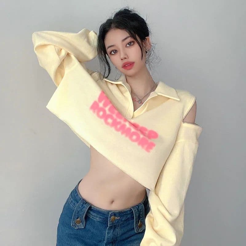 유럽과 미국 알파벳 프린트 루즈핏 후드티 여성 지퍼 오프숄더 슬림해 보이는 무용 핫걸 쇼트 스타일 맨위 상세 이미지 6