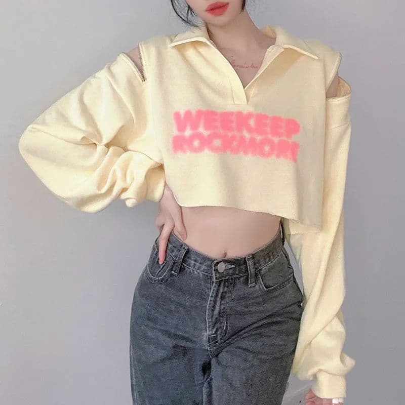 유럽과 미국 알파벳 프린트 루즈핏 후드티 여성 지퍼 오프숄더 슬림해 보이는 무용 핫걸 쇼트 스타일 맨위 상세 이미지 9