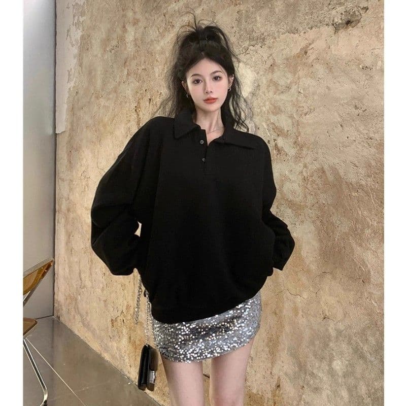 모방 면 대 물고기 규모 빅 사이즈 여성 의류 표지 배 느긋한 바람 긴팔 후드티 여성 가을 겨울 루즈핏 슬림해 보이는 맨위 이미지 2
