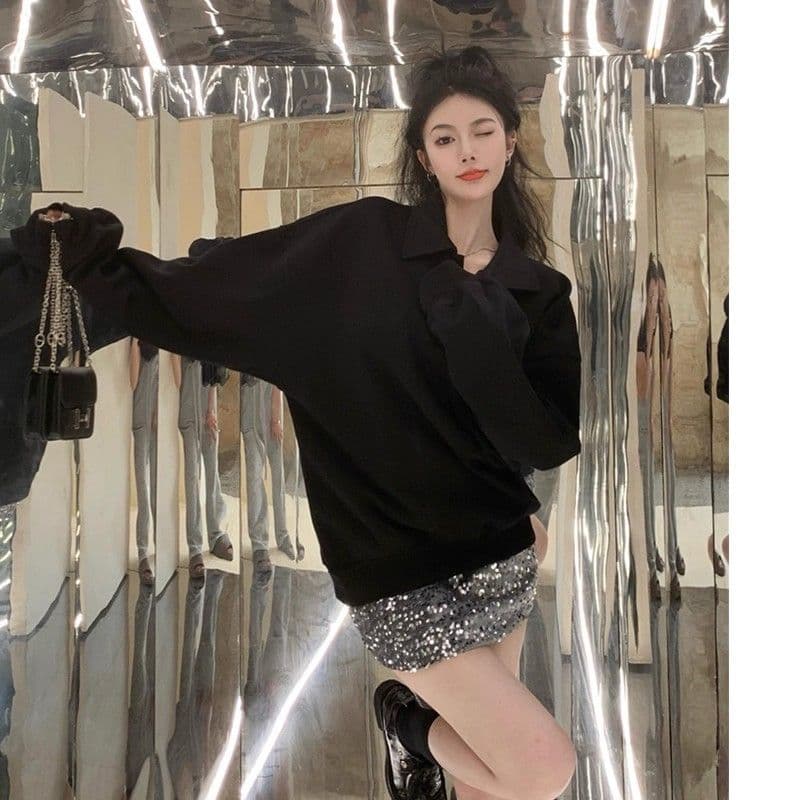 모방 면 대 물고기 규모 빅 사이즈 여성 의류 표지 배 느긋한 바람 긴팔 후드티 여성 가을 겨울 루즈핏 슬림해 보이는 맨위 이미지 5