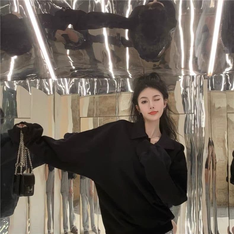 모방 면 대 물고기 규모 빅 사이즈 여성 의류 표지 배 느긋한 바람 긴팔 후드티 여성 가을 겨울 루즈핏 슬림해 보이는 맨위 상세 이미지 3