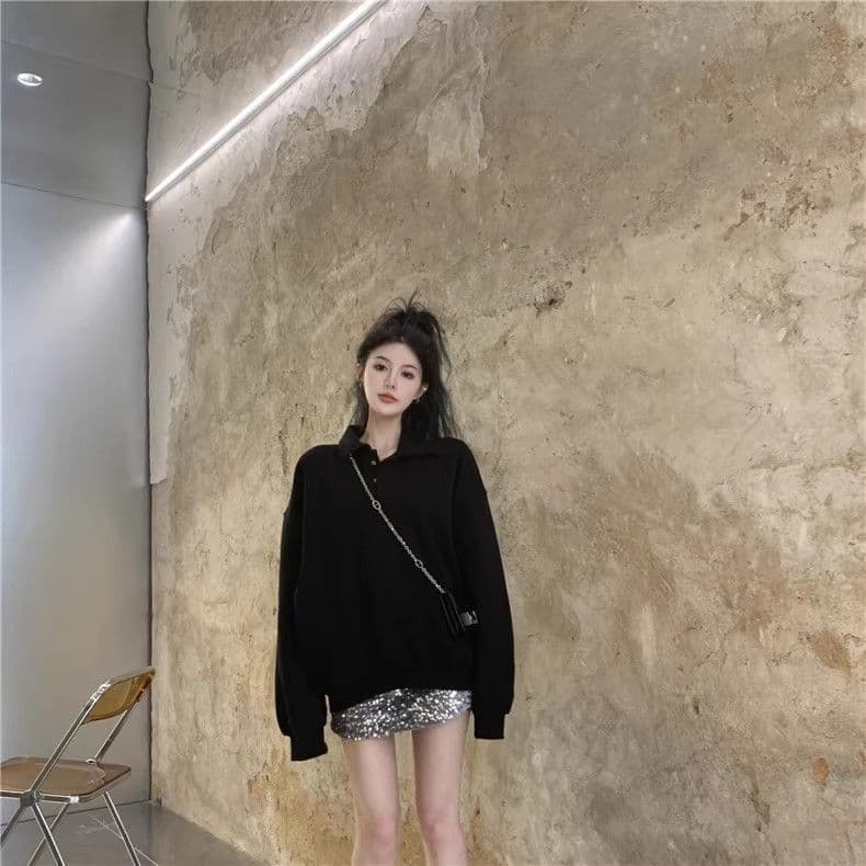모방 면 대 물고기 규모 빅 사이즈 여성 의류 표지 배 느긋한 바람 긴팔 후드티 여성 가을 겨울 루즈핏 슬림해 보이는 맨위 상세 이미지 10