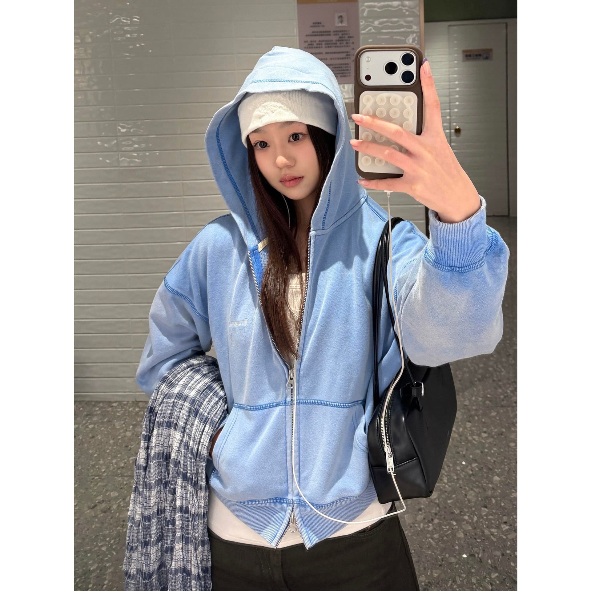 후아 면 복합 마 오래된 공예 4 개의 바늘 여섯 줄 이후 패키지 칼라 후드티 여성 파란색 카디건 코트 트렌디