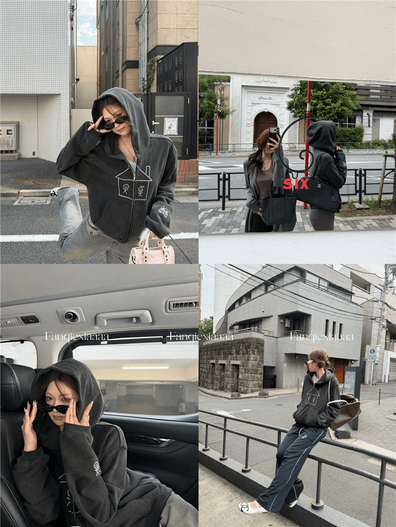 이후 패키지 칼라 후아 면 복합 마 오래된 공예 후드 알파벳 프린트 경기 사람들 후드티 재킷 이미지 4