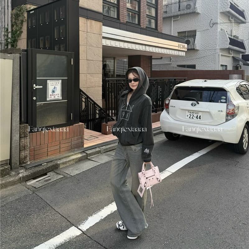 이후 패키지 칼라 후아 면 복합 마 오래된 공예 후드 알파벳 프린트 경기 사람들 후드티 재킷 이미지 5
