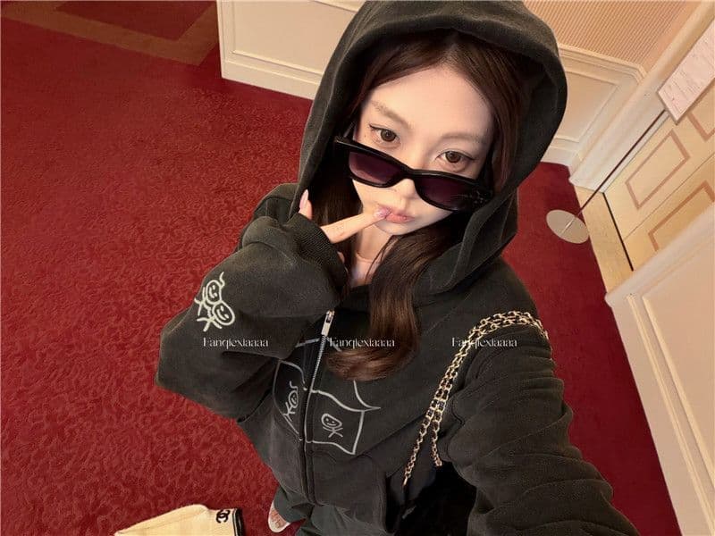 이후 패키지 칼라 후아 면 복합 마 오래된 공예 후드 알파벳 프린트 경기 사람들 후드티 재킷 상세 이미지 5
