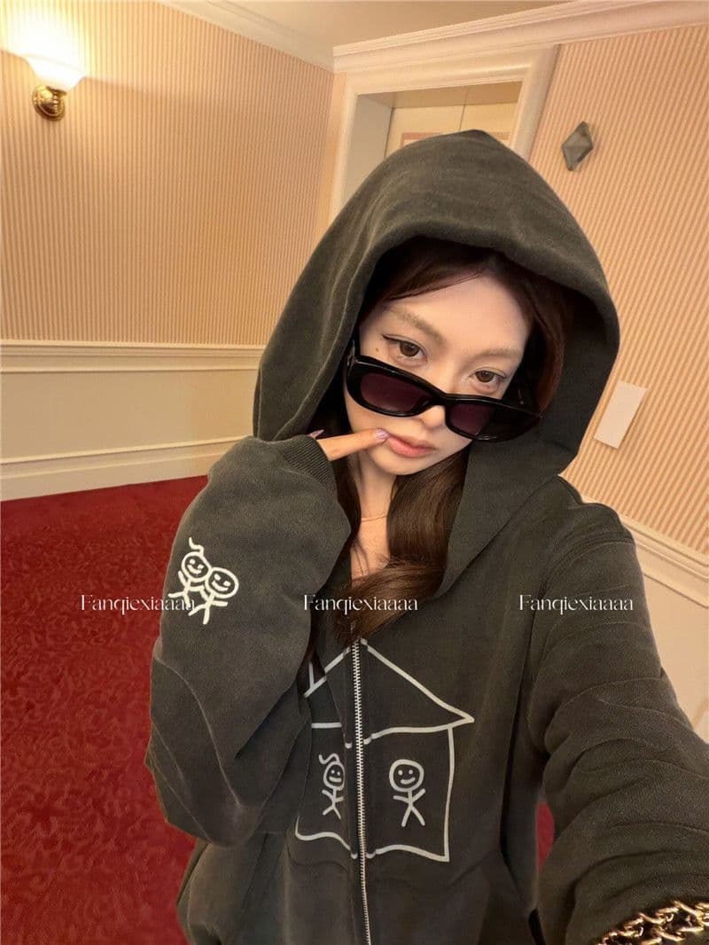 이후 패키지 칼라 후아 면 복합 마 오래된 공예 후드 알파벳 프린트 경기 사람들 후드티 재킷 상세 이미지 6