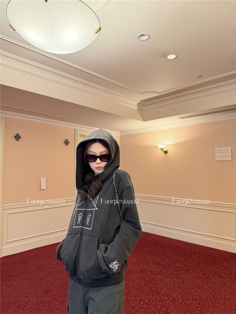 이후 패키지 칼라 후아 면 복합 마 오래된 공예 후드 알파벳 프린트 경기 사람들 후드티 재킷 상세 이미지 8