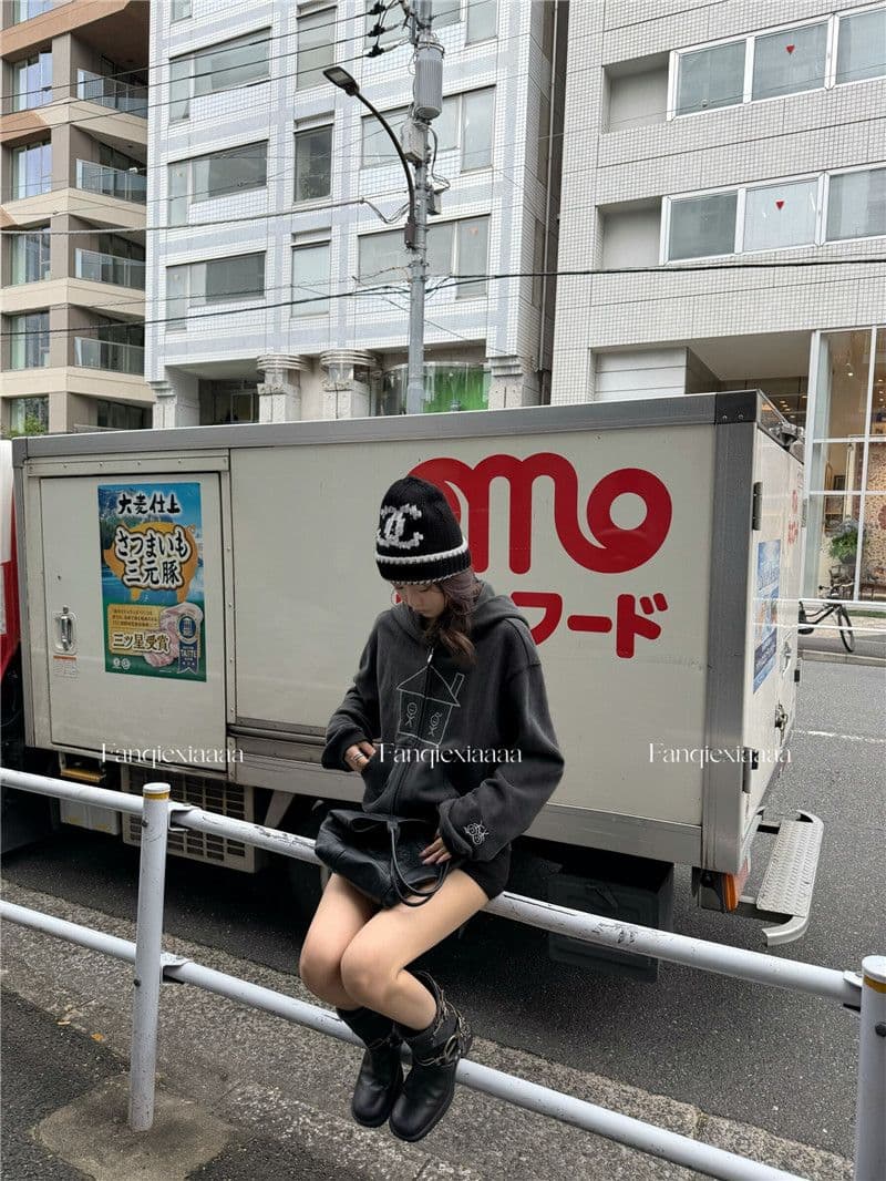 이후 패키지 칼라 후아 면 복합 마 오래된 공예 후드 알파벳 프린트 경기 사람들 후드티 재킷 상세 이미지 10