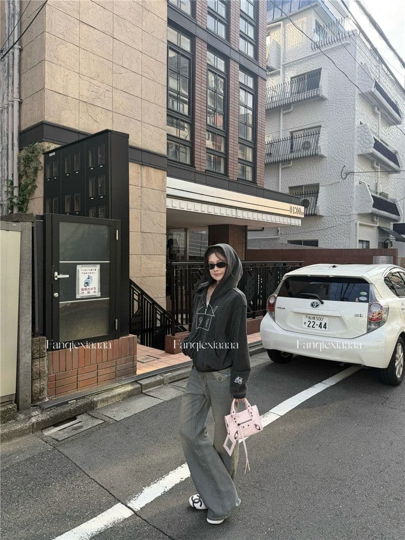 이후 패키지 칼라 후아 면 복합 마 오래된 공예 후드 알파벳 프린트 경기 사람들 후드티 재킷 상세 이미지 11