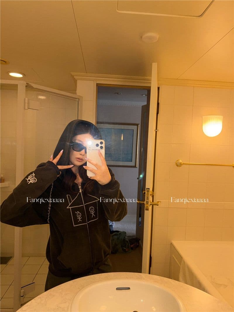 이후 패키지 칼라 후아 면 복합 마 오래된 공예 후드 알파벳 프린트 경기 사람들 후드티 재킷 상세 이미지 16