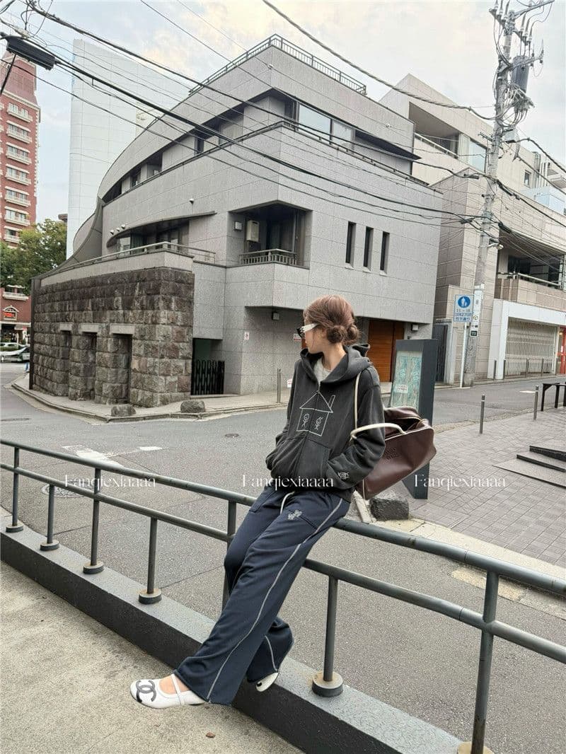 이후 패키지 칼라 후아 면 복합 마 오래된 공예 후드 알파벳 프린트 경기 사람들 후드티 재킷 상세 이미지 21