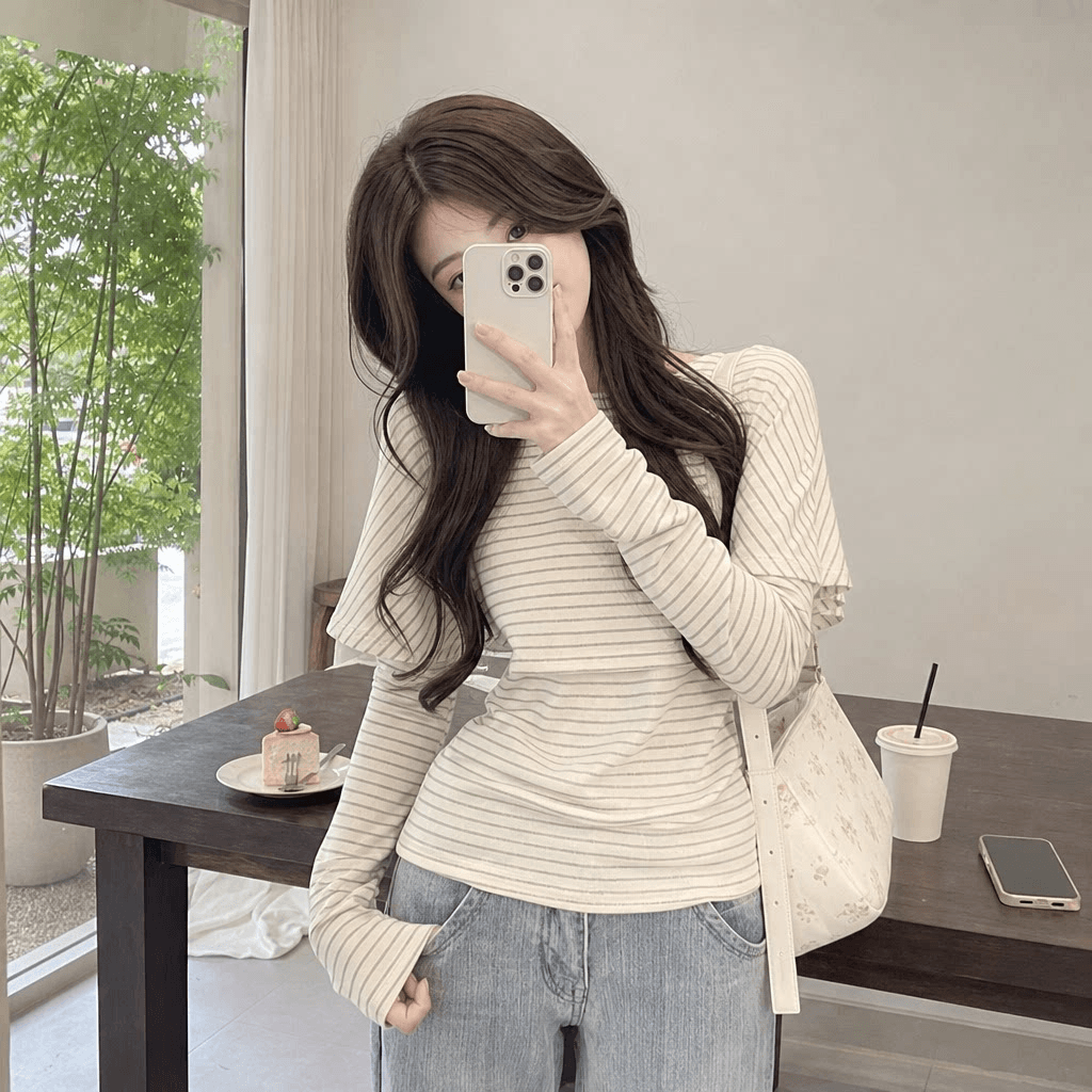 경관 그림 1 1 와 사고 방식 260 그램 레트로 스트라이프 망토 페이크 레이어드 여성 가을 새로운 천 금빛 바람 맨위 이미지 5