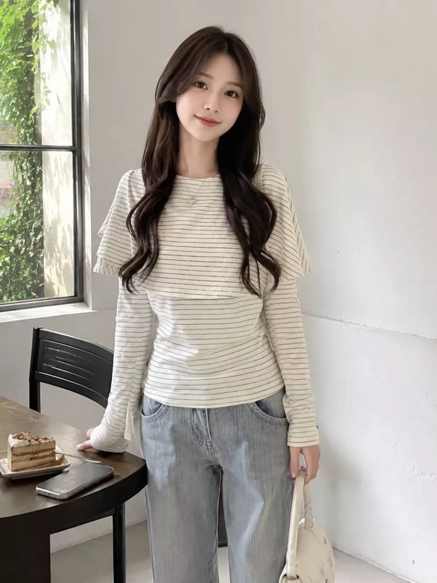 경관 그림 1 1 와 사고 방식 260 그램 레트로 스트라이프 망토 페이크 레이어드 여성 가을 새로운 천 금빛 바람 맨위