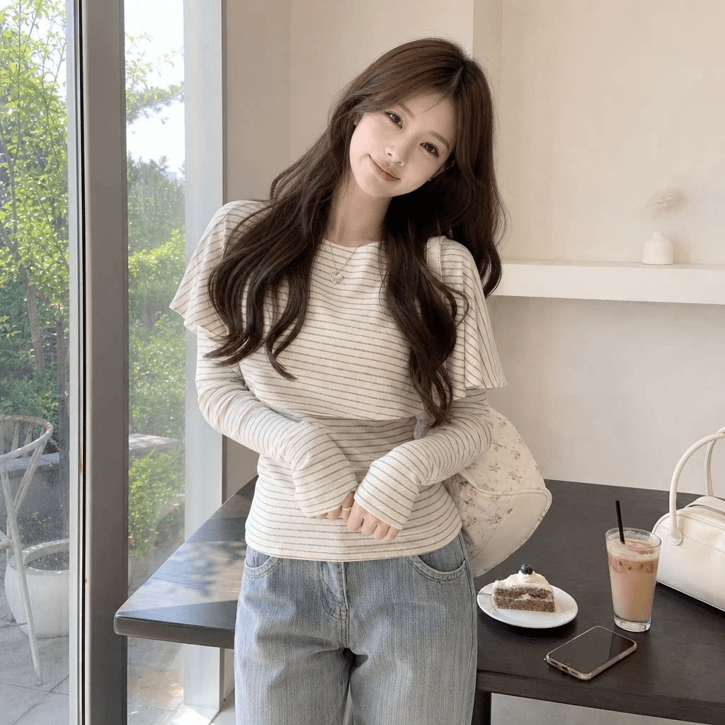 경관 그림 1 1 와 사고 방식 260 그램 레트로 스트라이프 망토 페이크 레이어드 여성 가을 새로운 천 금빛 바람 맨위 이미지 2