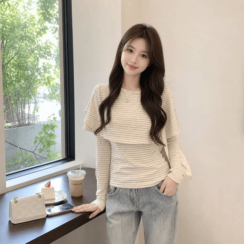 경관 그림 1 1 와 사고 방식 260 그램 레트로 스트라이프 망토 페이크 레이어드 여성 가을 새로운 천 금빛 바람 맨위 이미지 3