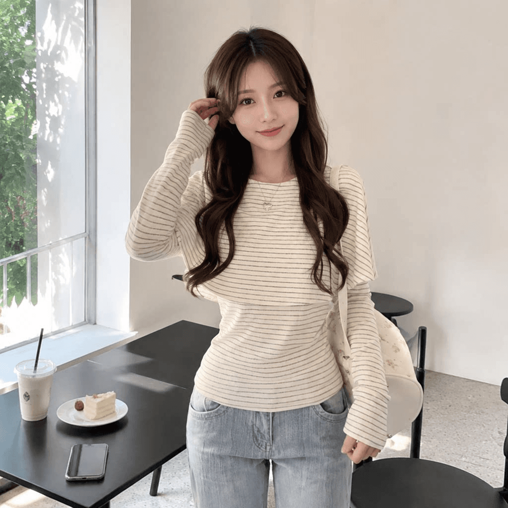 경관 그림 1 1 와 사고 방식 260 그램 레트로 스트라이프 망토 페이크 레이어드 여성 가을 새로운 천 금빛 바람 맨위 상세 이미지 3
