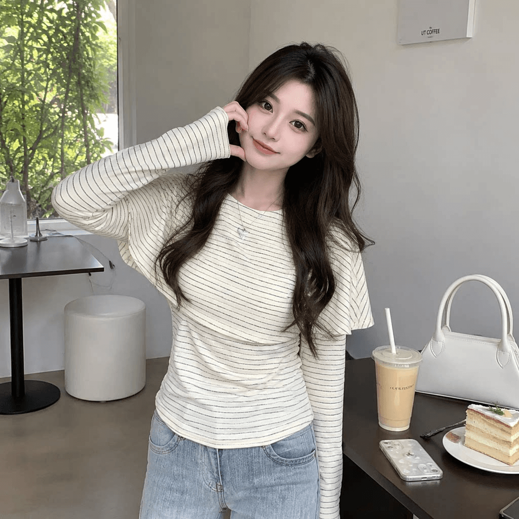 경관 그림 1 1 와 사고 방식 260 그램 레트로 스트라이프 망토 페이크 레이어드 여성 가을 새로운 천 금빛 바람 맨위 상세 이미지 7