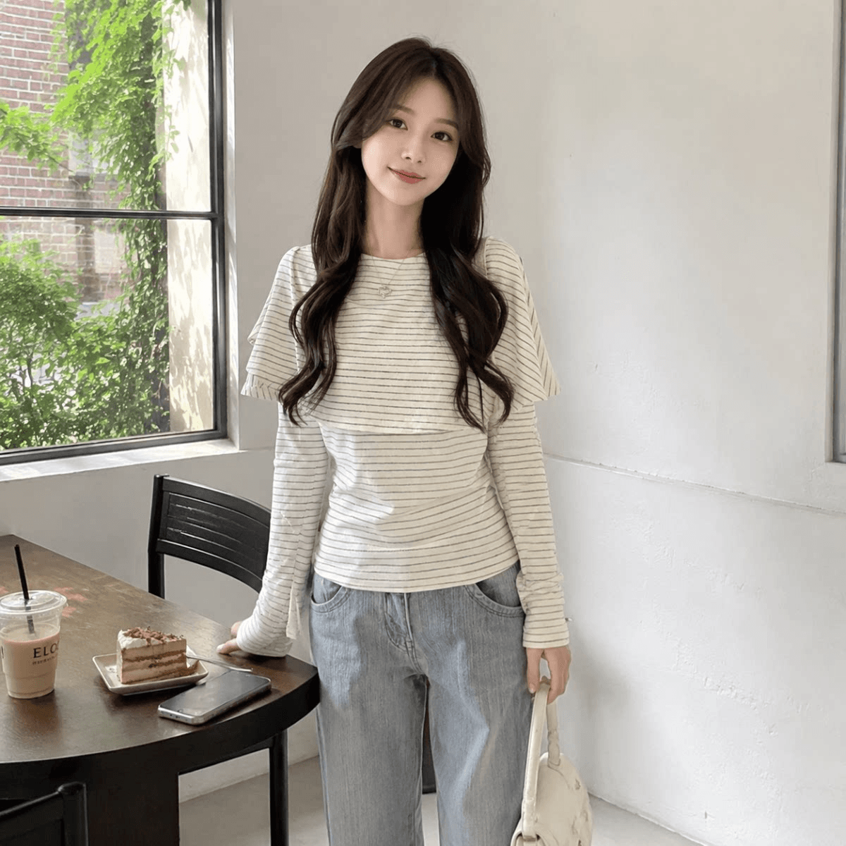 경관 그림 1 1 와 사고 방식 260 그램 레트로 스트라이프 망토 페이크 레이어드 여성 가을 새로운 천 금빛 바람 맨위 상세 이미지 8