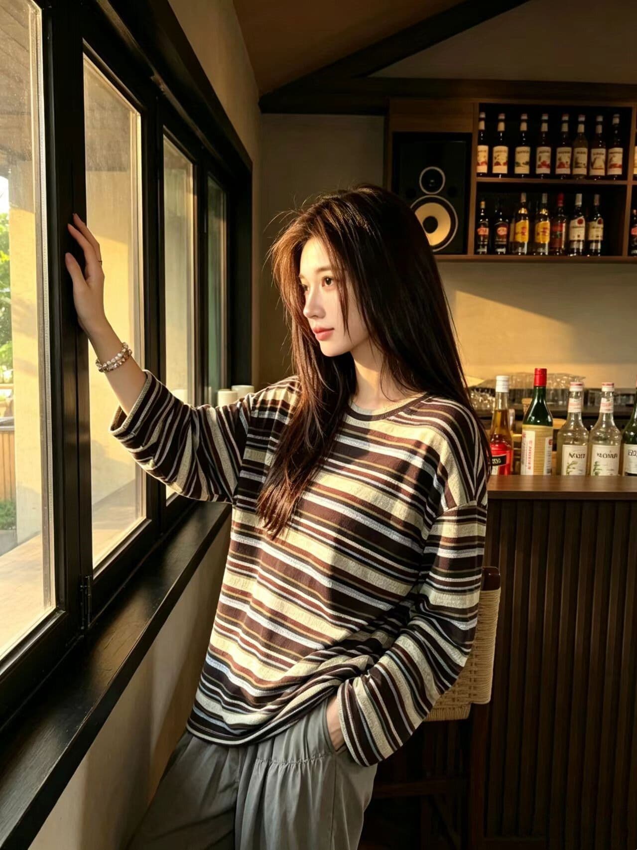 경관 그림 프랑스 양모 라운드 넥 배색 스트라이프 긴팔 이른 가을 새로운 슬림해 보이는 만나는 출퇴근 다용도 맨위 이미지 2
