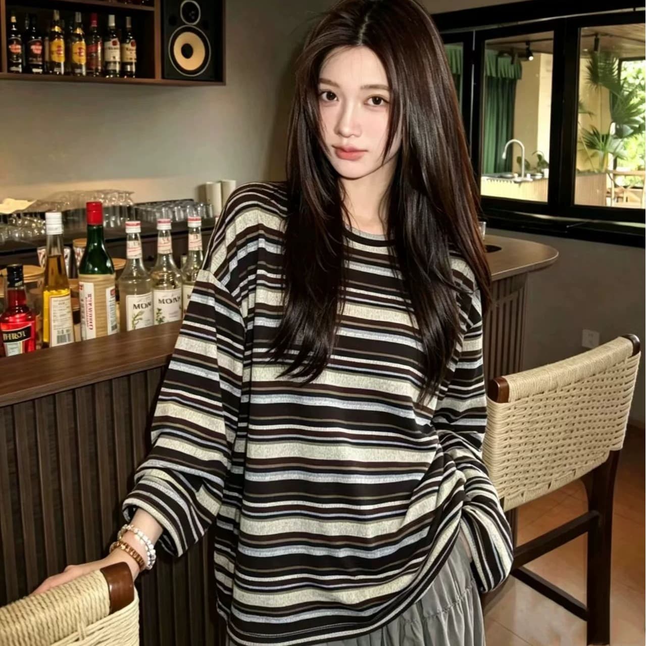 경관 그림 프랑스 양모 라운드 넥 배색 스트라이프 긴팔 이른 가을 새로운 슬림해 보이는 만나는 출퇴근 다용도 맨위 이미지 5