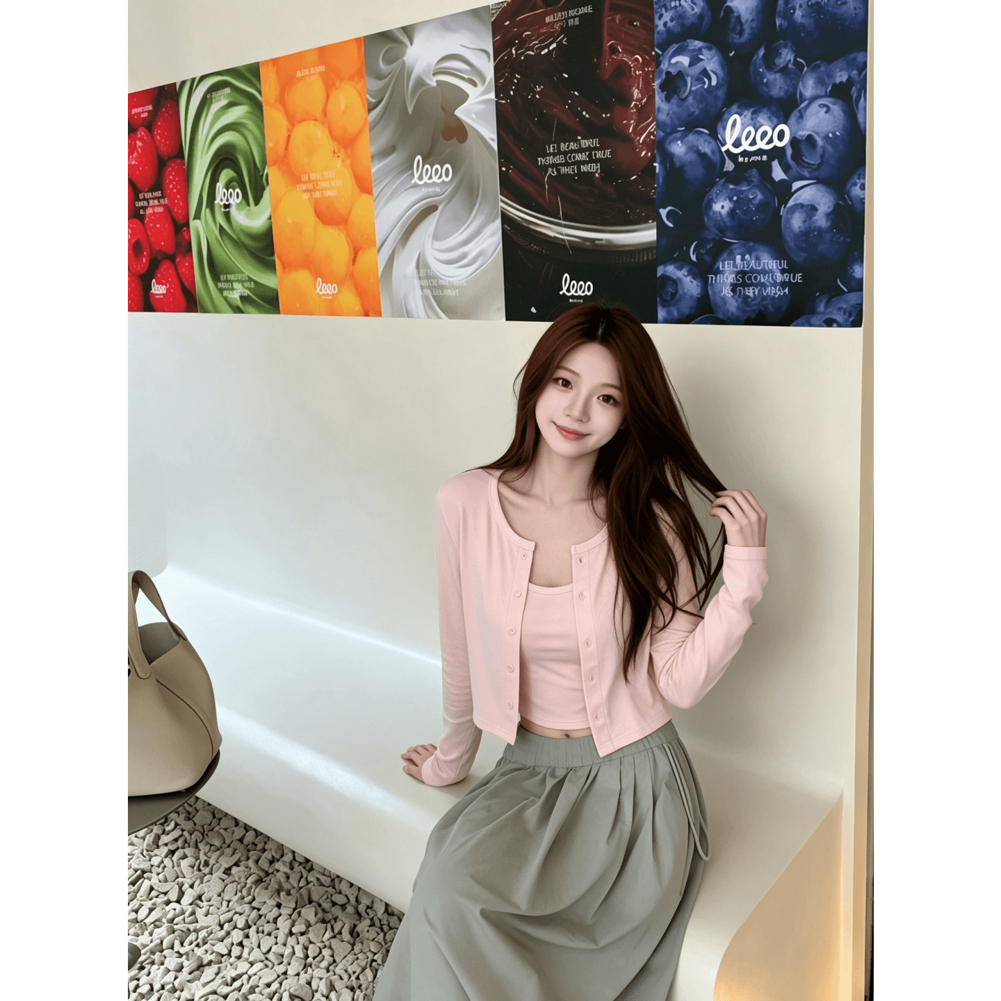경관 그림 와 사고 방식 모달 260 그램 1 1 한 부서 달콤한 매운맛 핑크색 작은 슬링 오픈 가디건 세트 여성 상세 이미지 2