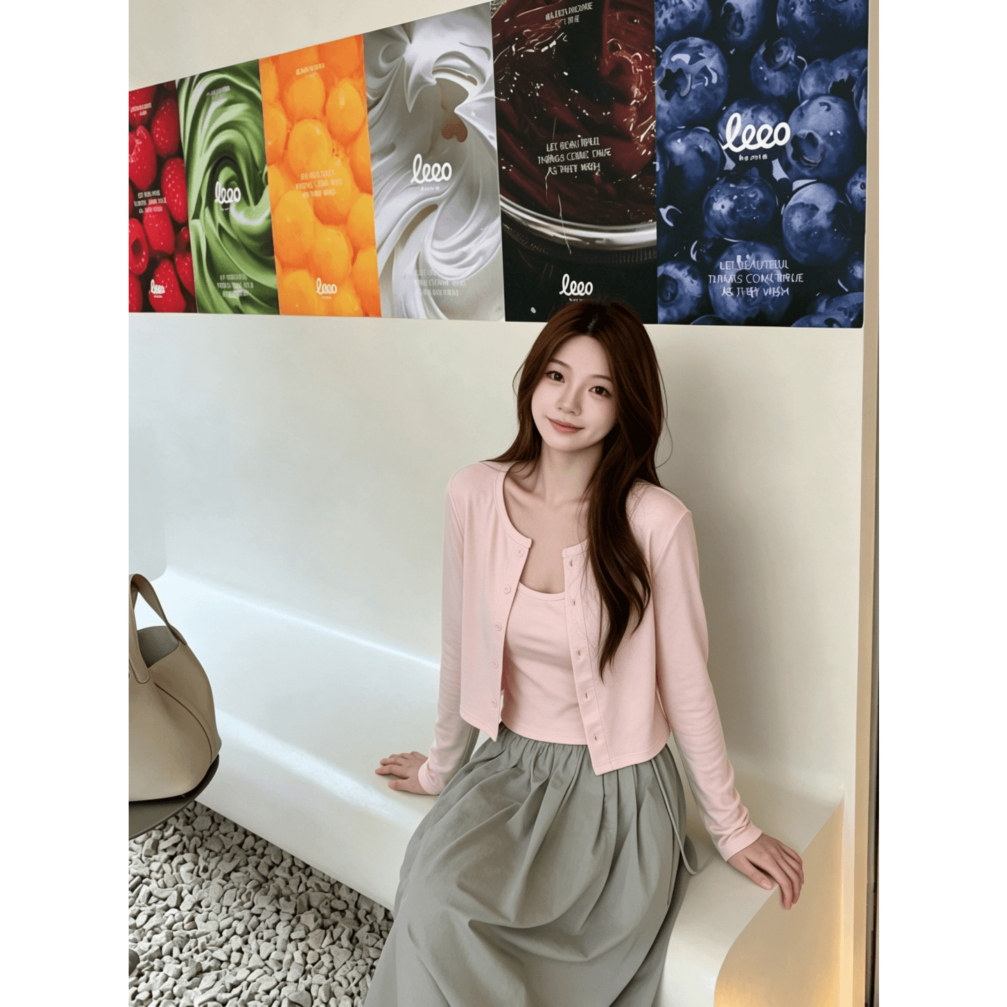 경관 그림 와 사고 방식 모달 260 그램 1 1 한 부서 달콤한 매운맛 핑크색 작은 슬링 오픈 가디건 세트 여성 상세 이미지 5