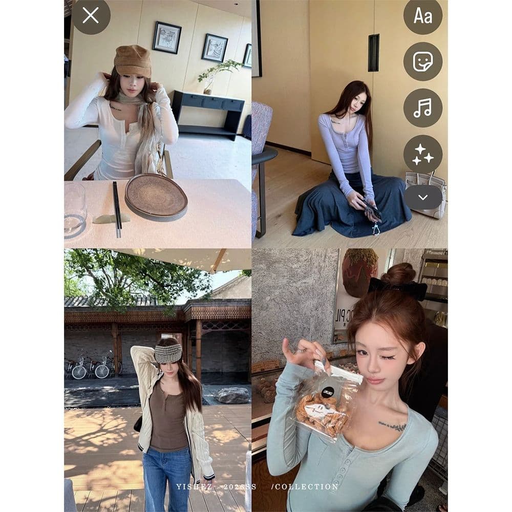 사람들 면 yishez 진짜 착용 이른 가을 주머니 헨리 셔츠 몸매 가꾸기 긴 소매 티셔츠 이미지 2