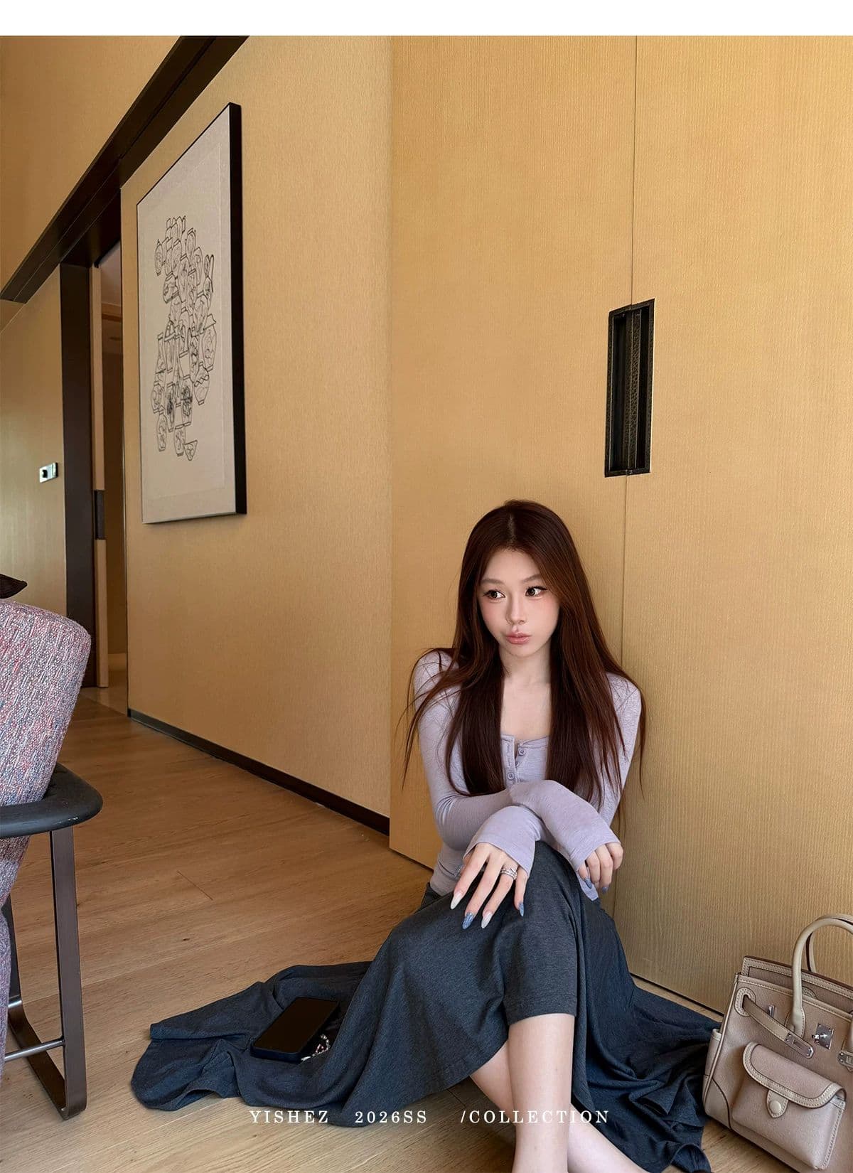 사람들 면 yishez 진짜 착용 이른 가을 주머니 헨리 셔츠 몸매 가꾸기 긴 소매 티셔츠 상세 이미지 4