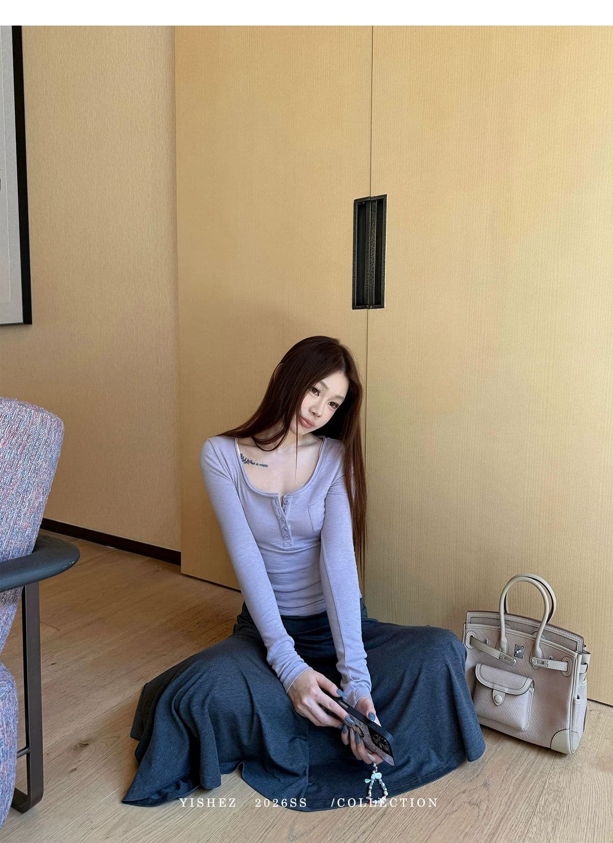 사람들 면 yishez 진짜 착용 이른 가을 주머니 헨리 셔츠 몸매 가꾸기 긴 소매 티셔츠 상세 이미지 5