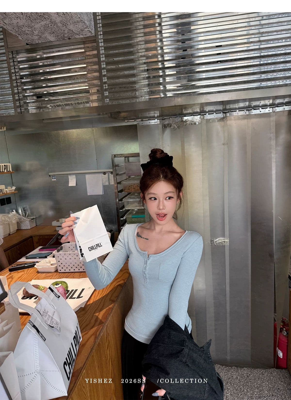 사람들 면 yishez 진짜 착용 이른 가을 주머니 헨리 셔츠 몸매 가꾸기 긴 소매 티셔츠 상세 이미지 18
